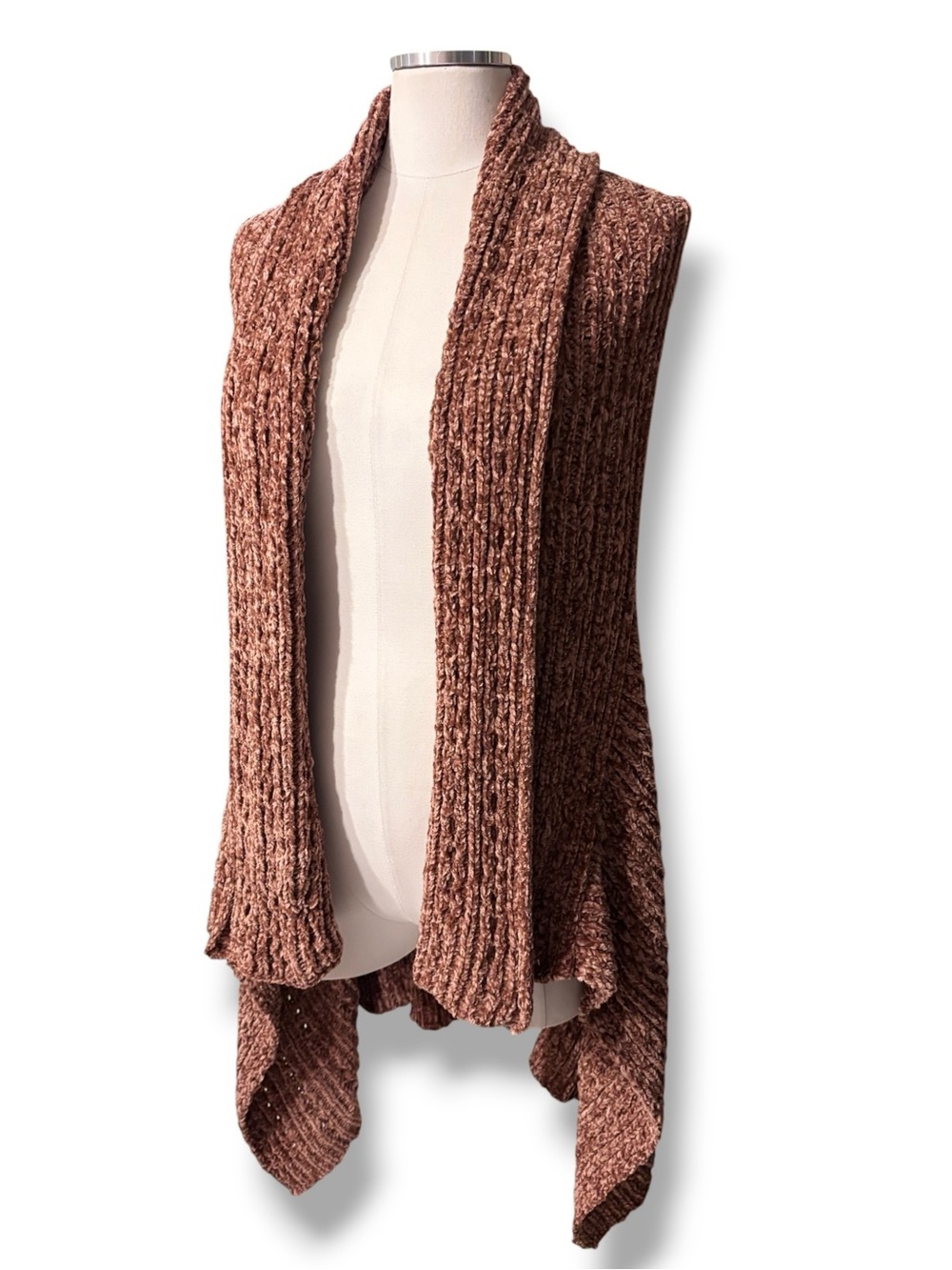 KRAZY KAT Chunky Knit Open Front Sleeveless Cardigan Asymmetrical Hem Size L/XL